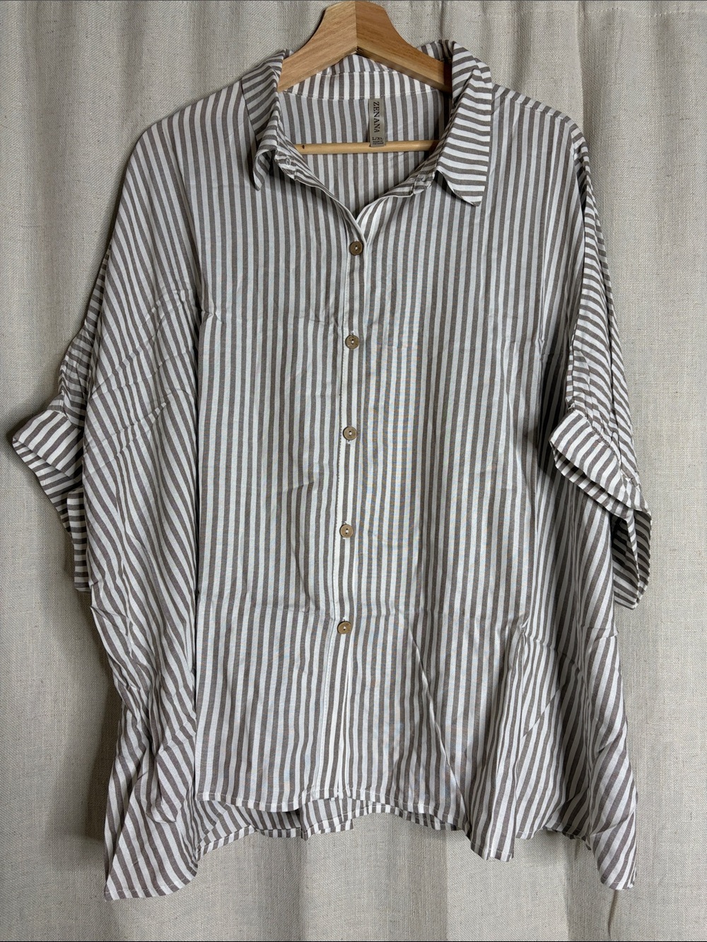 Zenana Outfitters woman’s Striped Button-Down Shirt in Beige and White